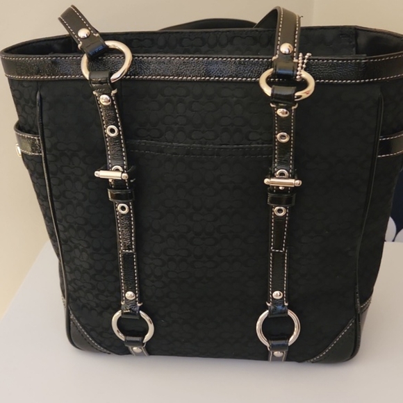 Coach Gallery Tote Shoulder Bag Signature Black Jacquard Patent Leather Silver - Picture 3 of 11